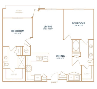 B2 - Two Bedroom / Two Bath - 1,223 Sq. Ft.*